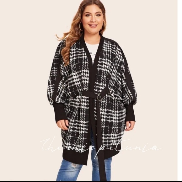 Plus size plaid Doberman sleeve belted coat - Picture 4 of 6